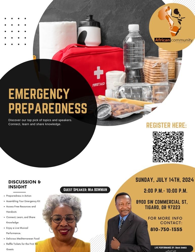 A diverse group of community members attending an emergency preparedness workshop hosted by the African Community Development Center and First Aid, featuring guest speaker Mia Bowman.