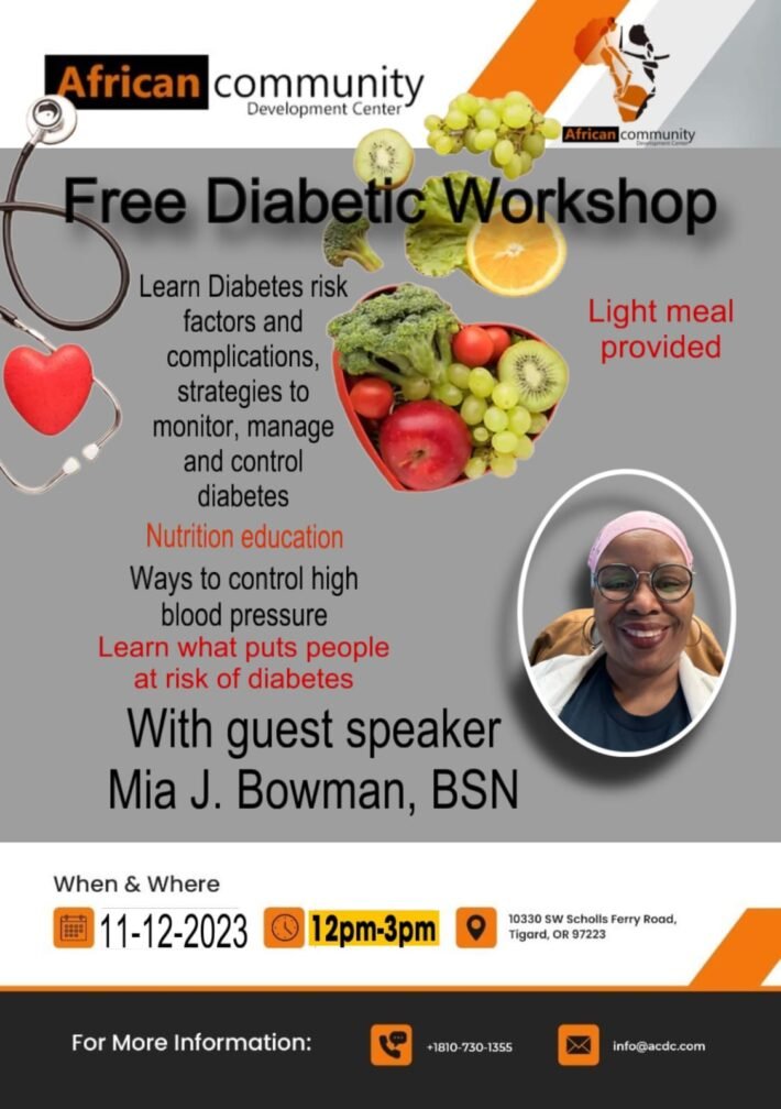 A diverse group of people attending a free diabetic workshop hosted by the African Community Development Center.