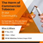 Community awareness event flyer about the hidden impact of commercial tobacco hosted by the African Community Development Center in Portland, Oregon.