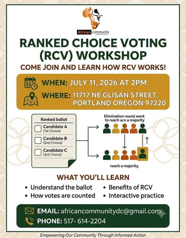 Promotional flyer for the ACDC Ranked Choice Voting Workshop in Portland Oregon featuring event details and ballot instructions.