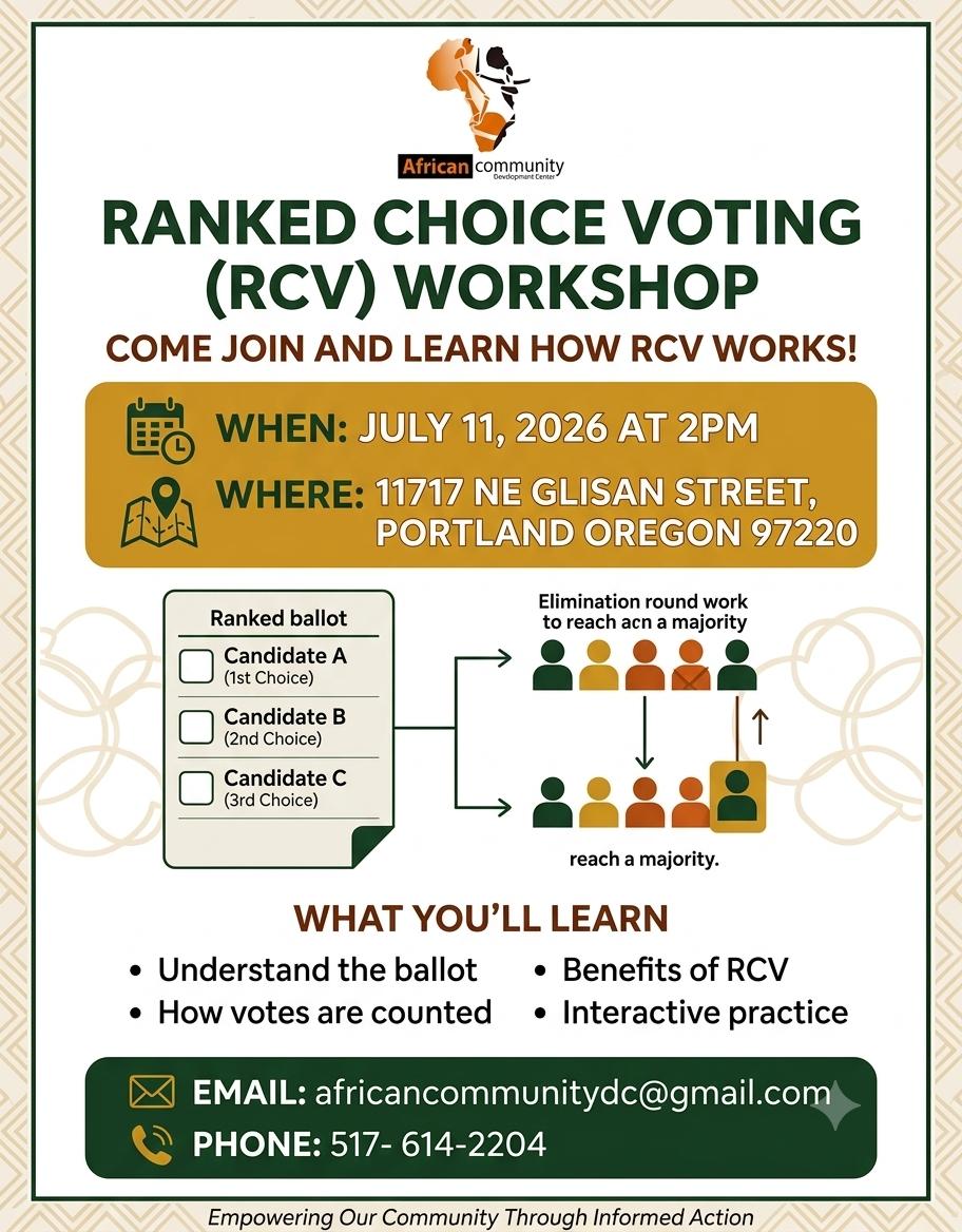 Promotional flyer for the ACDC Ranked Choice Voting Workshop in Portland Oregon featuring event details and ballot instructions.